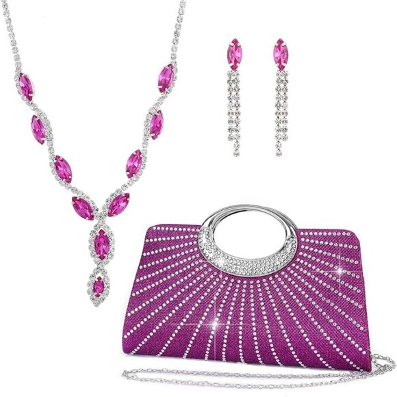 Elegant 3pcs Crystal Jewelry Set with Faux Pink Zirconia & Rhinestone Clutch - Picture 1 of 5